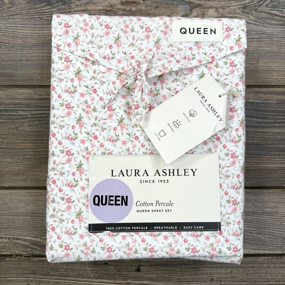 Laura Ashley Queen Sheet Set Evie Crimson Red Floral Green 4pc Cottage Farmhouse